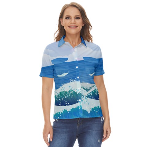 Illustration Landscape Sea Ocean Waves Beach Blue Women s Short Sleeve Double Pocket Shirt by Mog4mog4