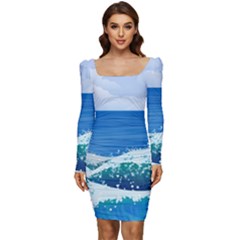 Illustration Landscape Sea Ocean Waves Beach Blue Women Long Sleeve Ruched Stretch Jersey Dress by Mog4mog4