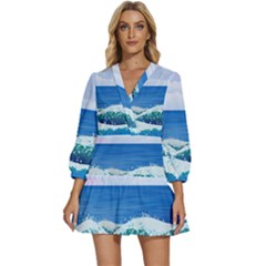 Illustration Landscape Sea Ocean Waves Beach Blue V-neck Placket Mini Dress by Mog4mog4