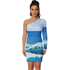 Illustration Landscape Sea Ocean Waves Beach Blue Long Sleeve One Shoulder Mini Dress by Mog4mog4