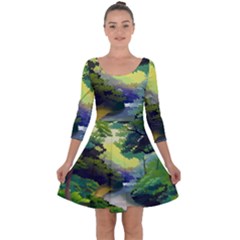 Landscape Illustration Nature Forest River Water Quarter Sleeve Skater Dress by Mog4mog4