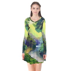 Landscape Illustration Nature Forest River Water Long Sleeve V-neck Flare Dress by Mog4mog4