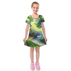 Landscape Illustration Nature Forest River Water Kids  Short Sleeve Velvet Dress