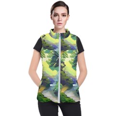 Landscape Illustration Nature Forest River Water Women s Puffer Vest