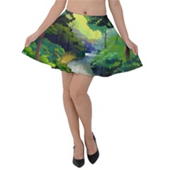 Landscape Illustration Nature Forest River Water Velvet Skater Skirt