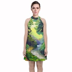 Landscape Illustration Nature Forest River Water Velvet Halter Neckline Dress 