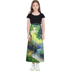 Landscape Illustration Nature Forest River Water Kids  Flared Maxi Skirt by Mog4mog4