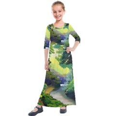 Landscape Illustration Nature Forest River Water Kids  Quarter Sleeve Maxi Dress by Mog4mog4