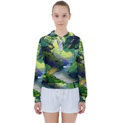 Landscape Illustration Nature Forest River Water Women s Tie Up Sweat