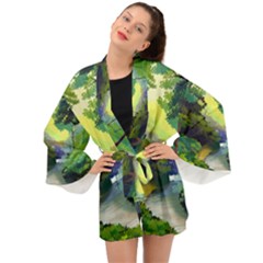 Landscape Illustration Nature Forest River Water Long Sleeve Kimono by Mog4mog4