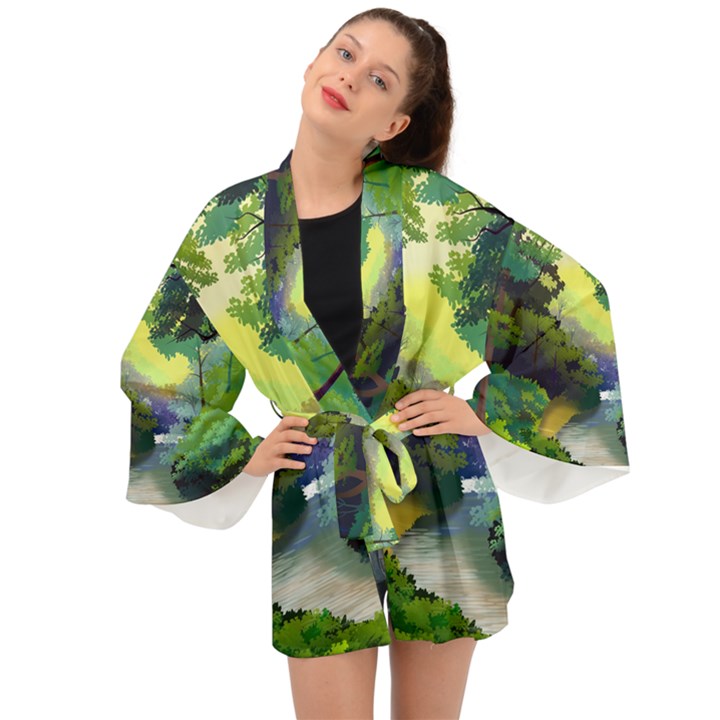 Landscape Illustration Nature Forest River Water Long Sleeve Kimono