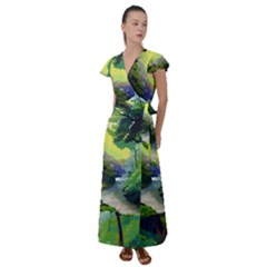 Landscape Illustration Nature Forest River Water Flutter Sleeve Maxi Dress by Mog4mog4