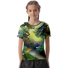 Landscape Illustration Nature Forest River Water Kids  Frill Chiffon Blouse by Mog4mog4