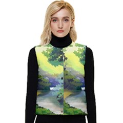 Landscape Illustration Nature Forest River Water Women s Short Button Up Puffer Vest