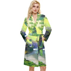 Landscape Illustration Nature Forest River Water Long Sleeve Velvet Robe by Mog4mog4