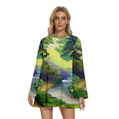 Landscape Illustration Nature Forest River Water Round Neck Long Sleeve Bohemian Style Chiffon Mini Dress by Mog4mog4