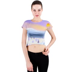 Vector Winter Landscape Sunset Evening Snow Crew Neck Crop Top