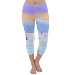 Vector Winter Landscape Sunset Evening Snow Capri Winter Leggings 