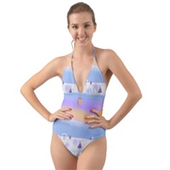 Vector Winter Landscape Sunset Evening Snow Halter Cut-out One Piece Swimsuit