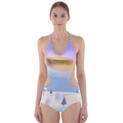 Vector Winter Landscape Sunset Evening Snow Cut-out One Piece Swimsuit