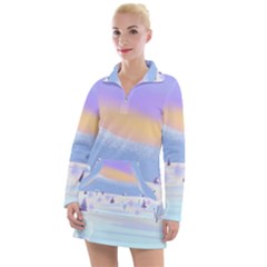 Vector Winter Landscape Sunset Evening Snow Women s Long Sleeve Casual Dress