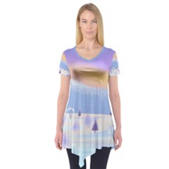 Vector Winter Landscape Sunset Evening Snow Short Sleeve Tunic 