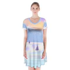 Vector Winter Landscape Sunset Evening Snow Short Sleeve V-neck Flare Dress