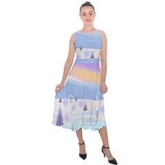 Vector Winter Landscape Sunset Evening Snow Midi Tie-back Chiffon Dress