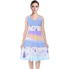 Vector Winter Landscape Sunset Evening Snow V-neck Midi Sleeveless Dress 