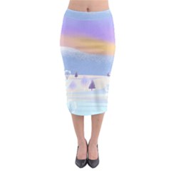 Vector Winter Landscape Sunset Evening Snow Midi Pencil Skirt