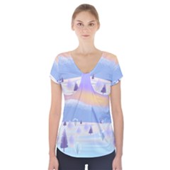 Vector Winter Landscape Sunset Evening Snow Short Sleeve Front Detail Top