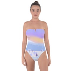 Vector Winter Landscape Sunset Evening Snow Tie Back One Piece Swimsuit