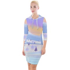 Vector Winter Landscape Sunset Evening Snow Quarter Sleeve Hood Bodycon Dress