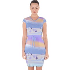 Vector Winter Landscape Sunset Evening Snow Capsleeve Drawstring Dress 