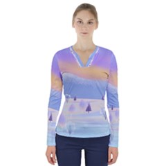 Vector Winter Landscape Sunset Evening Snow V-neck Long Sleeve Top