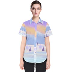 Vector Winter Landscape Sunset Evening Snow Women s Short Sleeve Shirt