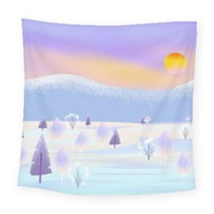 Vector Winter Landscape Sunset Evening Snow Square Tapestry (large)