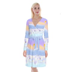 Vector Winter Landscape Sunset Evening Snow Long Sleeve Velvet Front Wrap Dress