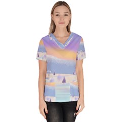 Vector Winter Landscape Sunset Evening Snow Women s V-neck Scrub Top