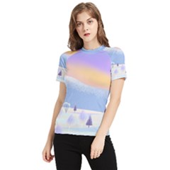 Vector Winter Landscape Sunset Evening Snow Women s Short Sleeve Rash Guard