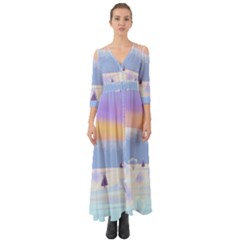 Vector Winter Landscape Sunset Evening Snow Button Up Boho Maxi Dress