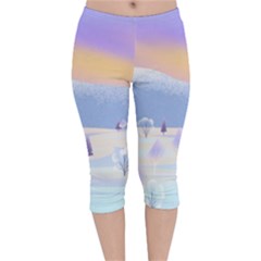 Vector Winter Landscape Sunset Evening Snow Velvet Capri Leggings 