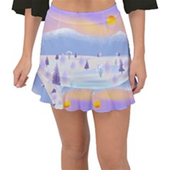 Vector Winter Landscape Sunset Evening Snow Fishtail Mini Chiffon Skirt