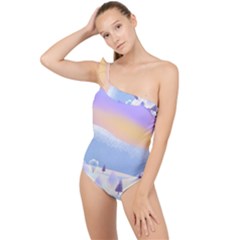 Vector Winter Landscape Sunset Evening Snow Frilly One Shoulder Swimsuit