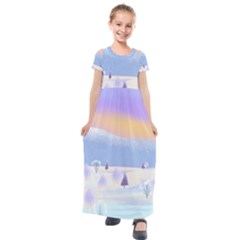 Vector Winter Landscape Sunset Evening Snow Kids  Short Sleeve Maxi Dress