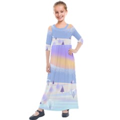 Vector Winter Landscape Sunset Evening Snow Kids  Quarter Sleeve Maxi Dress