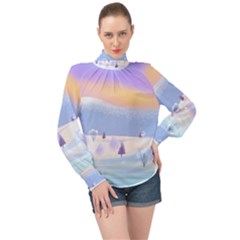 Vector Winter Landscape Sunset Evening Snow High Neck Long Sleeve Chiffon Top