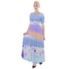 Vector Winter Landscape Sunset Evening Snow Half Sleeves Maxi Dress