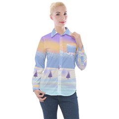 Vector Winter Landscape Sunset Evening Snow Women s Long Sleeve Pocket Shirt