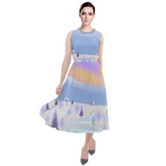 Vector Winter Landscape Sunset Evening Snow Round Neck Boho Dress